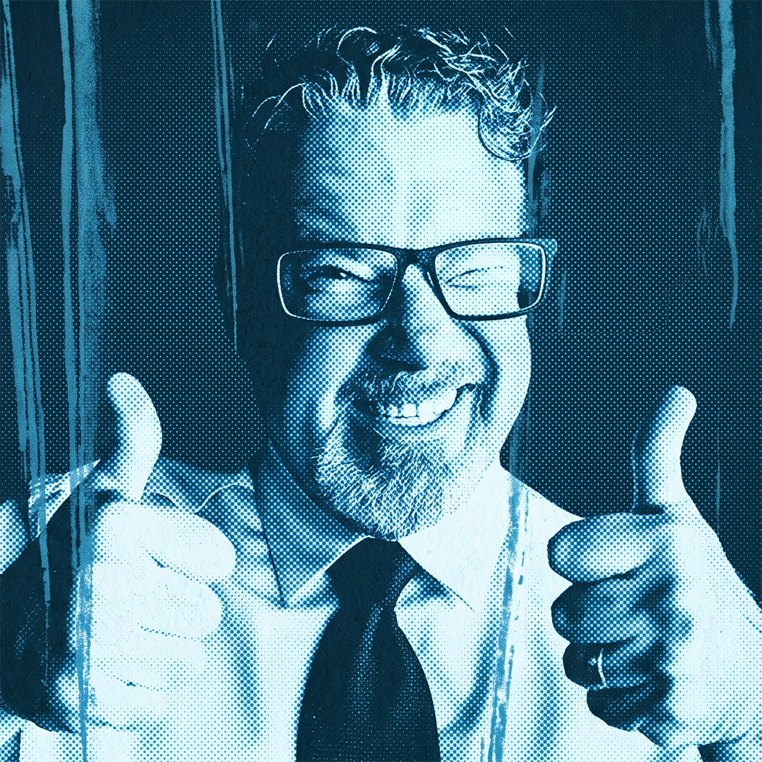 Jeremy Mace, duotone halftone portrait, two thumbs up